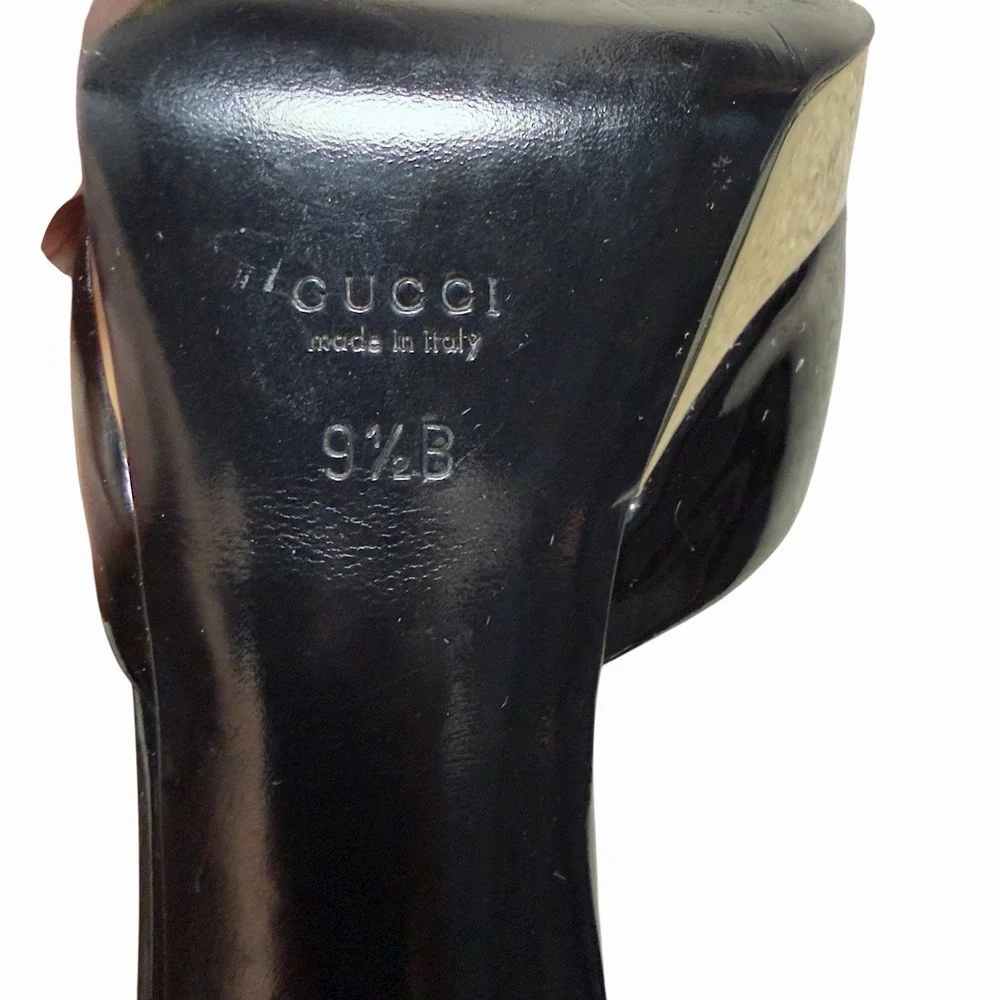 Gucci Black Patent Leather‎ Gold Platform Peep Toe Heels 9.5B Made in Italy